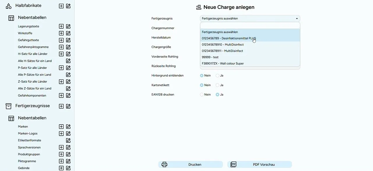 Bildschirmfoto aus dem Video: Charge anlegen und Etikett drucken
