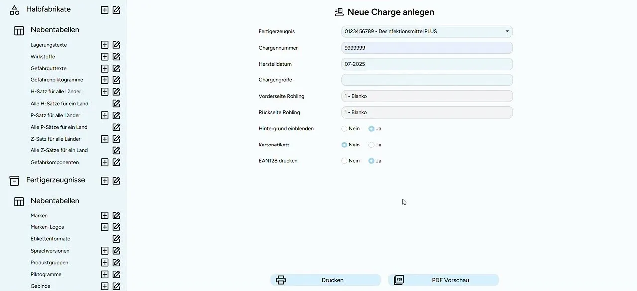 Bildschirmfoto aus dem Video: Charge anlegen und Etikett drucken