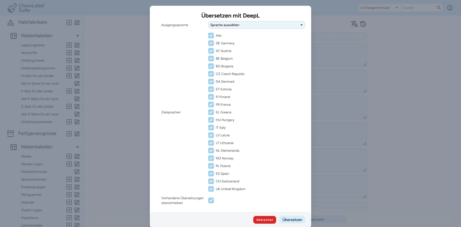 Dialog „Übersetzen mit DeepL“ mit Ausgangssprache und Zielsprachen
