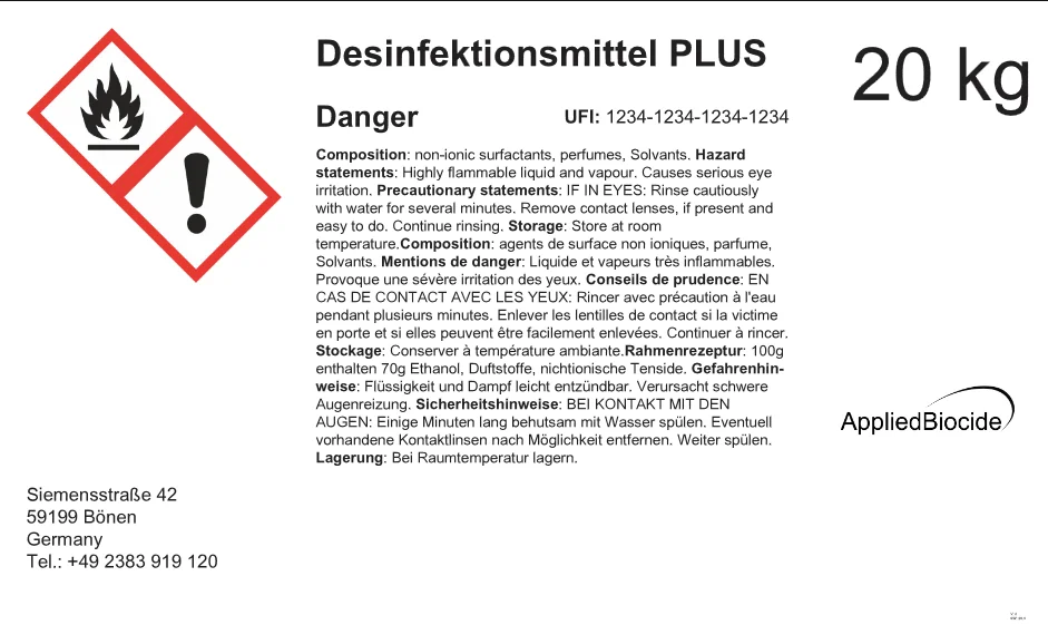 Mehrsprachiges Etikett mit Gefahrenpiktogrammen und Texten in Englisch, Französisch und Deutsch auf einer Seite