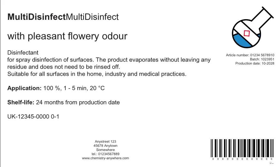 Fertiges PDF-Etikett für das Produkt MultiDisinfect mit Barcode, Chargennummer und Herstelldatum