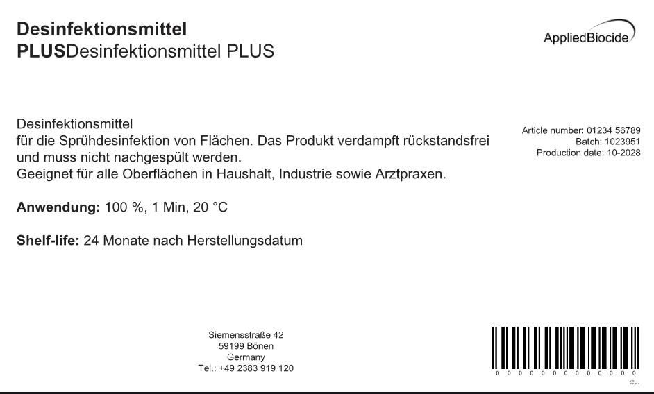 Fertiges PDF-Etikett für ein zweites Produkt, Desinfektionsmittel PLUS, mit eigenen Werten und deutschen Texten